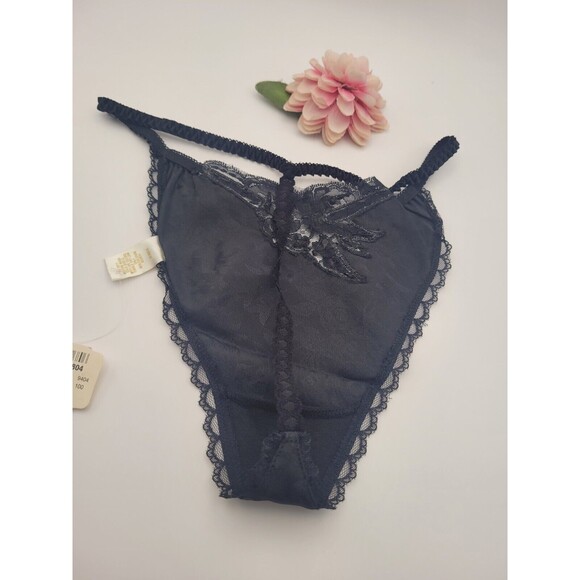 Vtg M/L Victorias Secret Satin T Back / Thong Panties String Beaded BLACK NWT - Picture 3 of 10